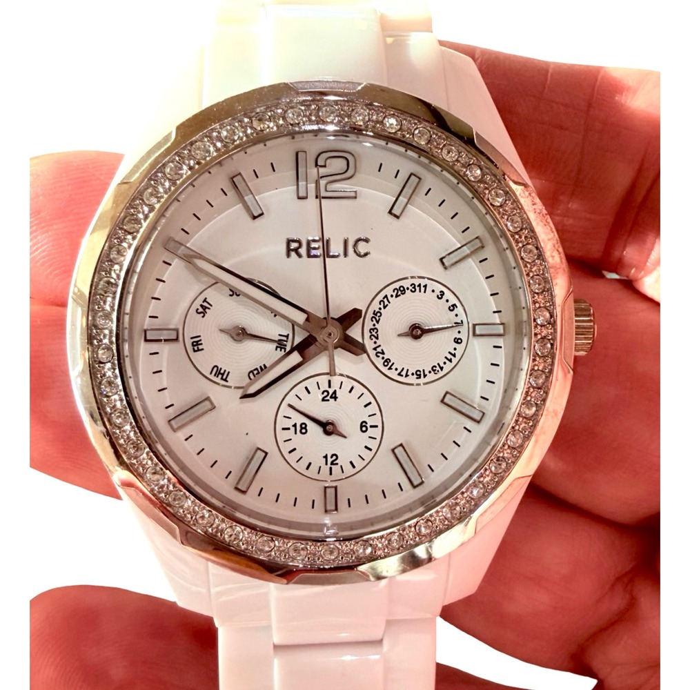 Relic ZR15551 White Ceramic Crystal Bezel Multifunction Women's Watch Works